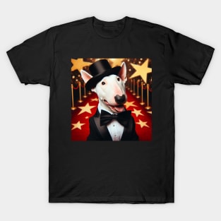 Happy bull terrier wearing tuxedo and hat in front of stars T-Shirt